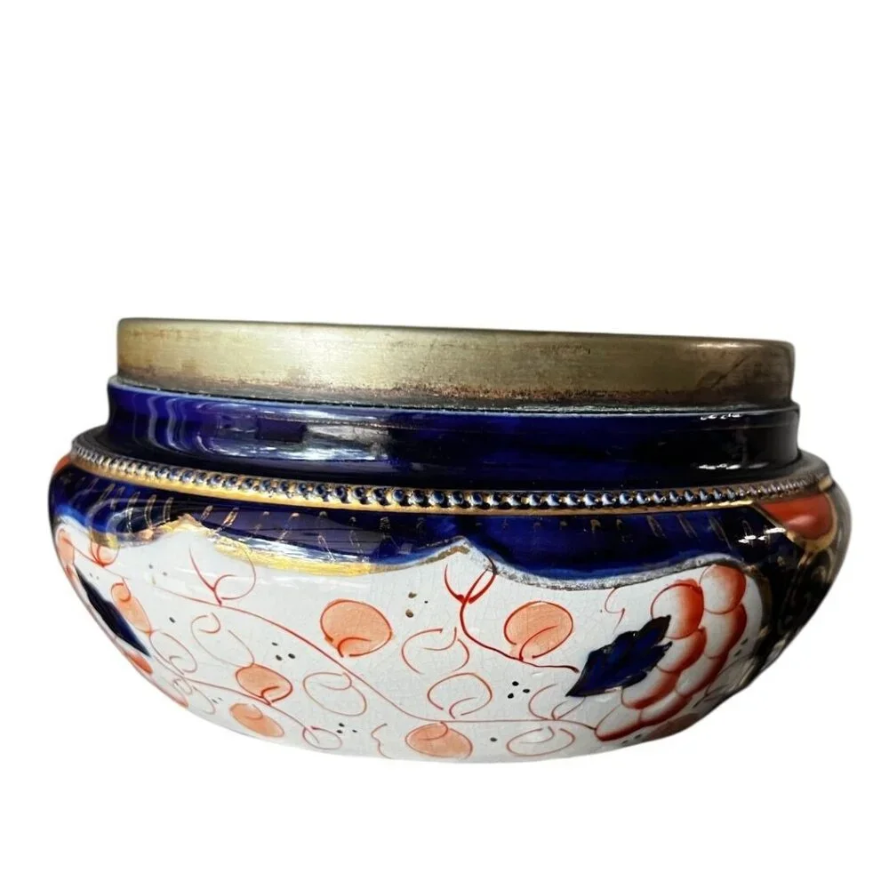 Antique A. Wood & Co Jardinière Bowl Cobalt Floral Gold Brass‎ Rim Crown Mark